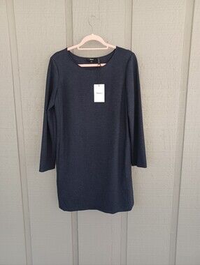 Theory Double Knit Jersey Dress Size M Preppy Pockets Long Sleeve In Navy Melang